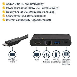 StarTech DKT30CHCPD USB C Multiport Adapter with HDMI - 4K - Mac/Windows - 2X USB 3.0 1xC 1xA - 100W PD 3.0 - USB C Adapter GbE